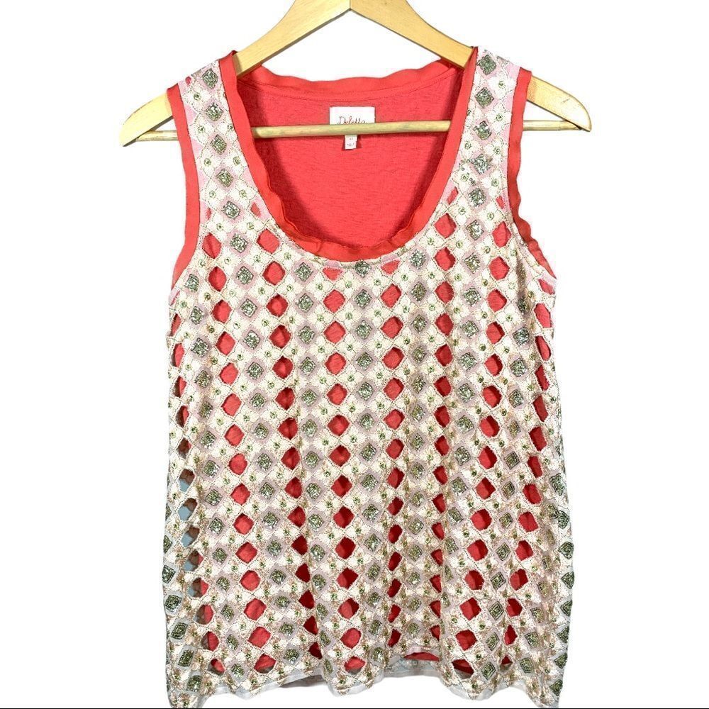 ANTHROPOLOGIE DELETTA Women’s Sequin Cut Out Top Coral/Gold Size Extra Small